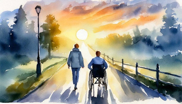 En målning av en rullstolsburen och en assistent